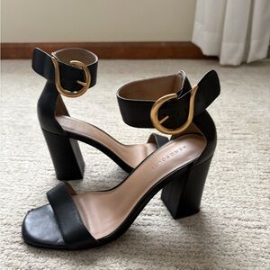 AEROSOLES Black and Gold Heeled Sandals
